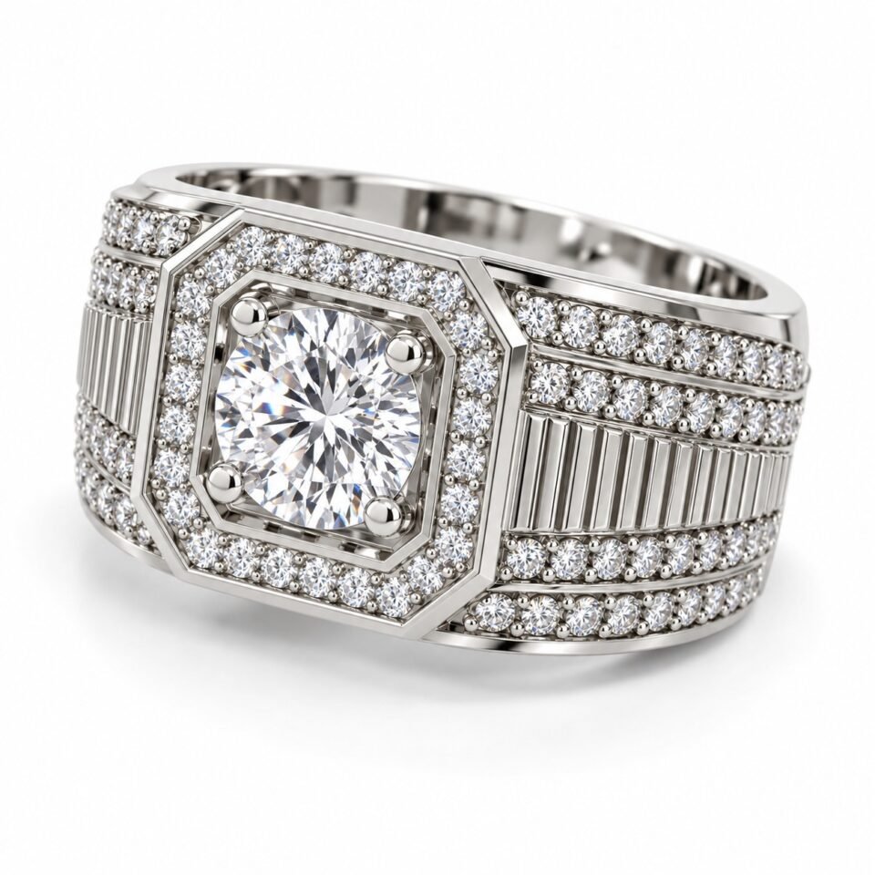 Square Halo Moissanite Statement Ring for Men in Silver