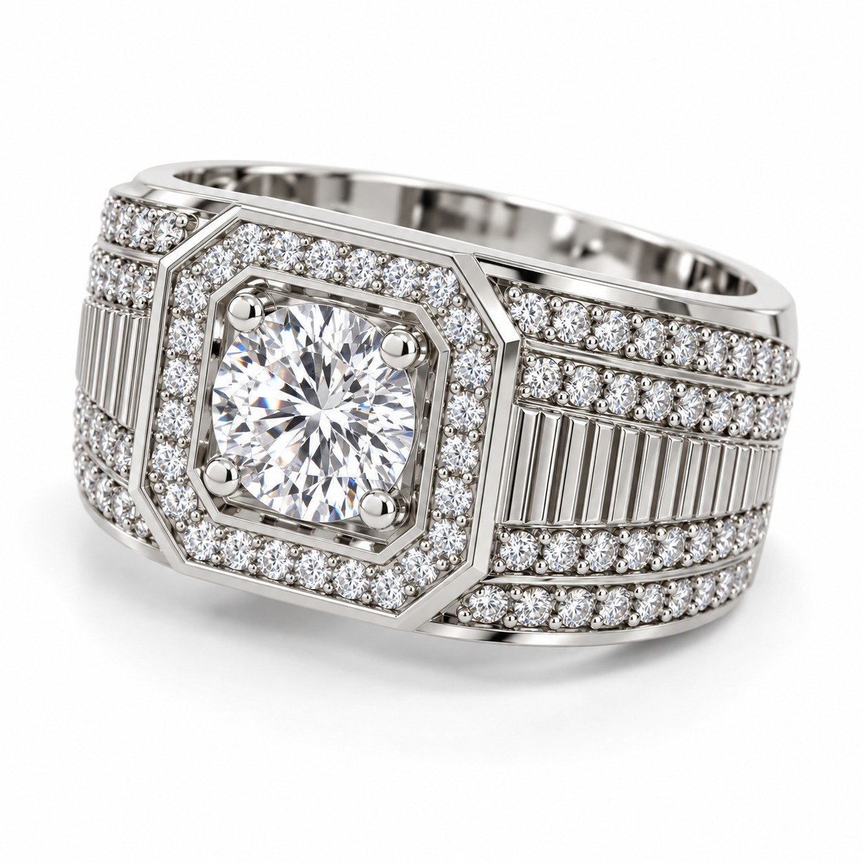 Men’s silver square halo moissanite statement ring, front view