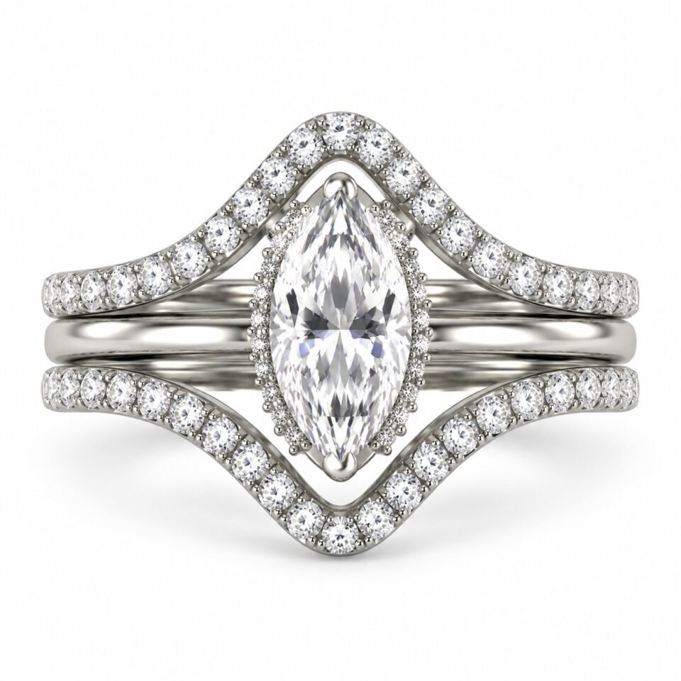 Marquise Halo Moissanite Bridal Ring Set in Silver