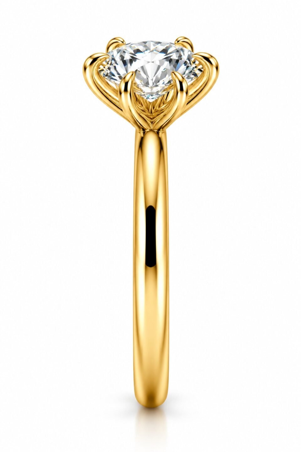 Heart-Prong Round Moissanite Solitaire Ring in Yellow-Tone Rhodium-Plated Silver