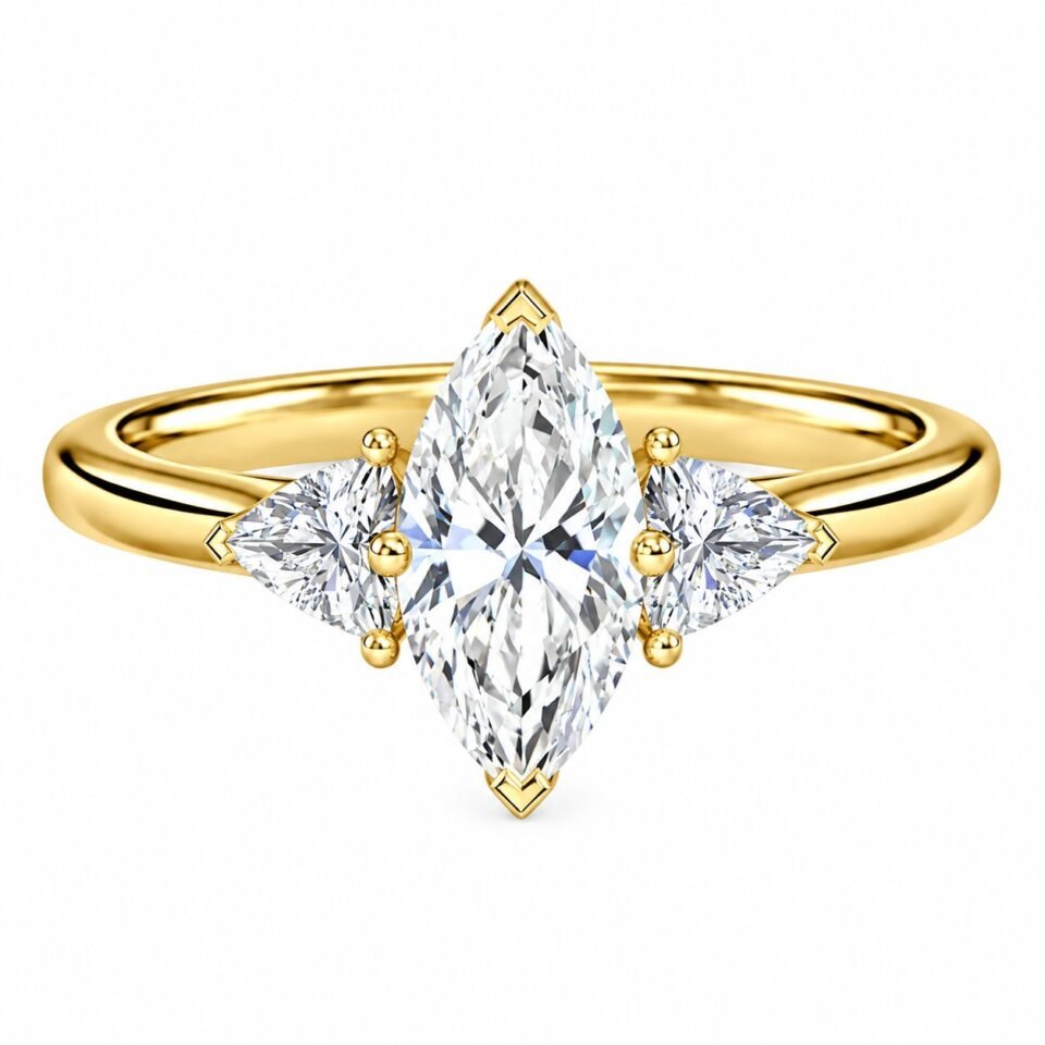 Marquise Three-Stone Moissanite Ring in Yellow-Tone Rhodium-Plated Silver