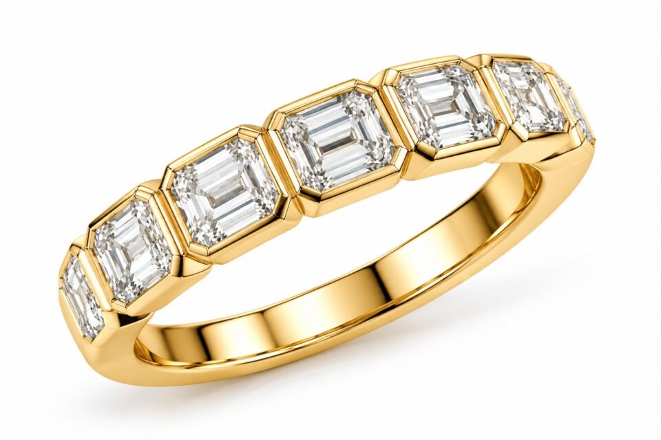 Emerald-Cut Moissanite Band in Yellow-Tone Rhodium-Plated Silver