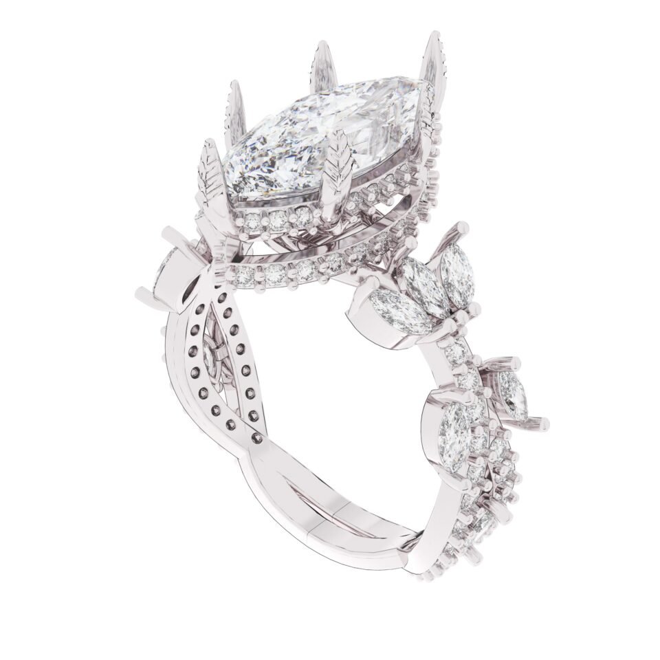 Side view of a silver marquise moissanite engagement ring with floral details