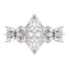 Front view of a silver marquise moissanite engagement ring with floral accents