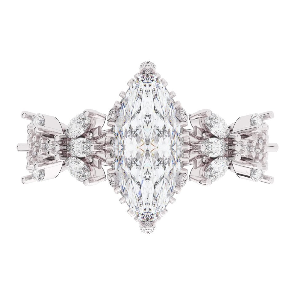 Marquise Moissanite Solitaire Engagement Ring with Floral Details in Silver