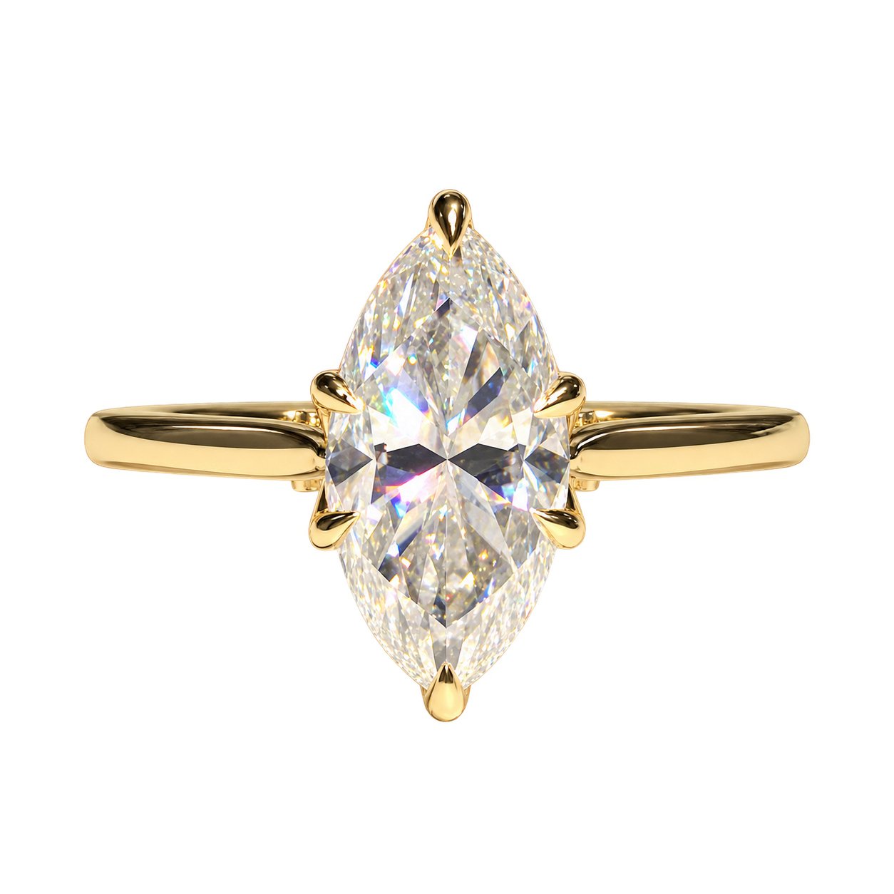 Marquise tulip solitaire ring with six-prong setting in yellow-tone silver
