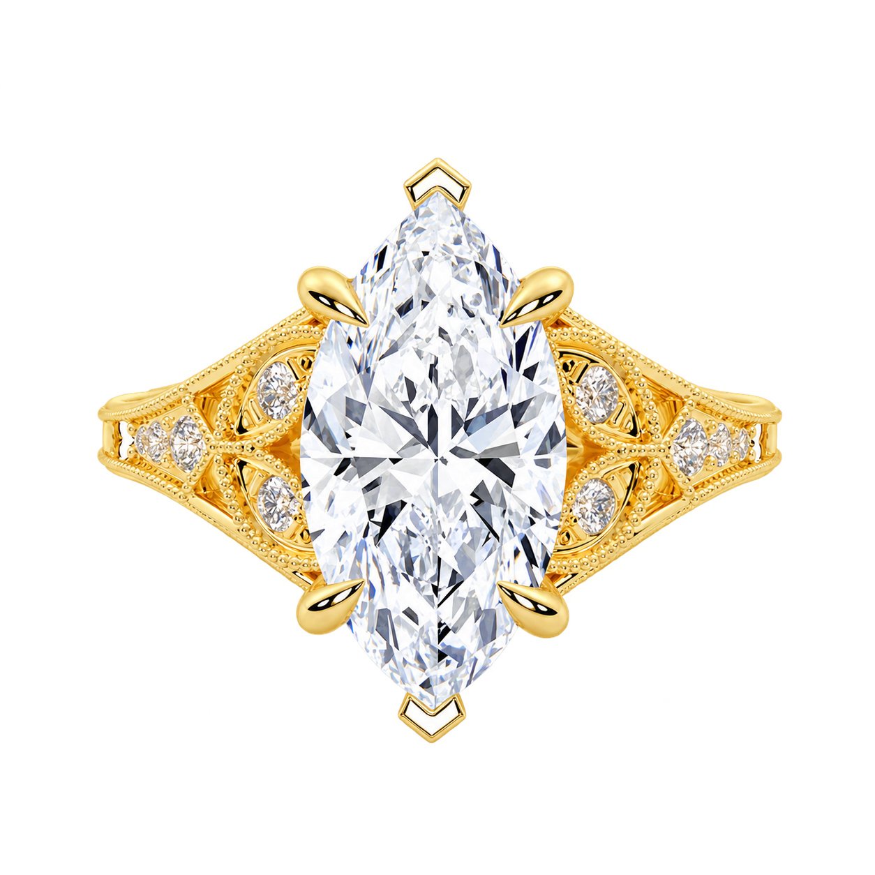 Vintage filigree marquise ring with openwork yellow-tone silver band