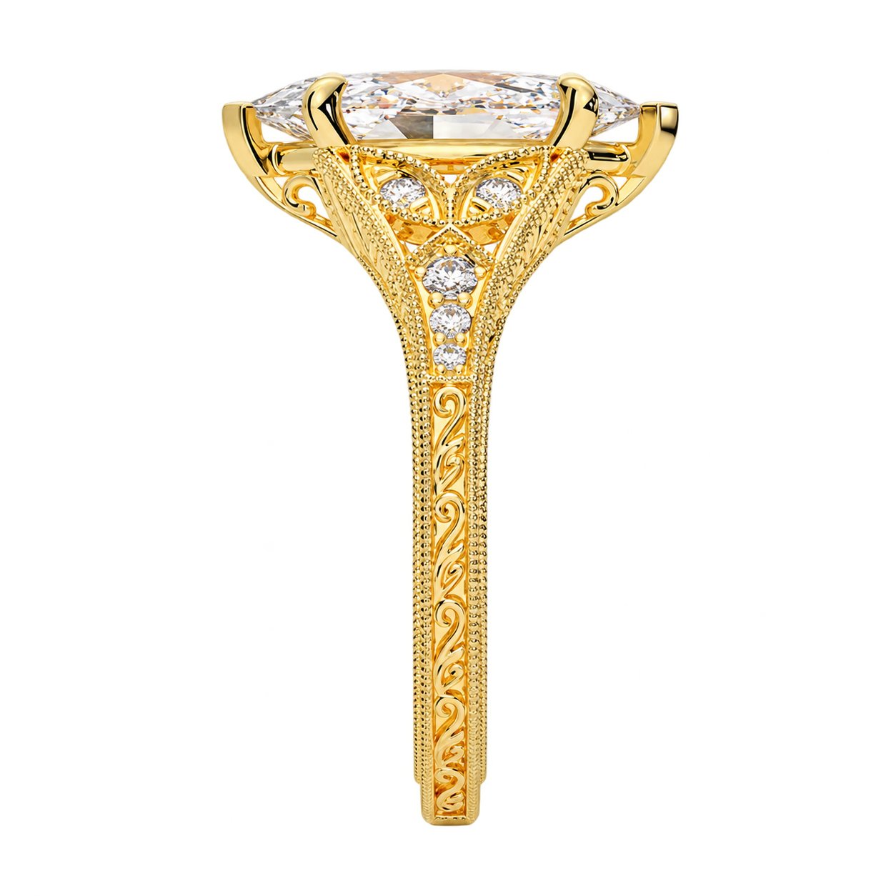 Alternate view 1 of vintage filigree marquise ring with openwork yellow-tone silver band